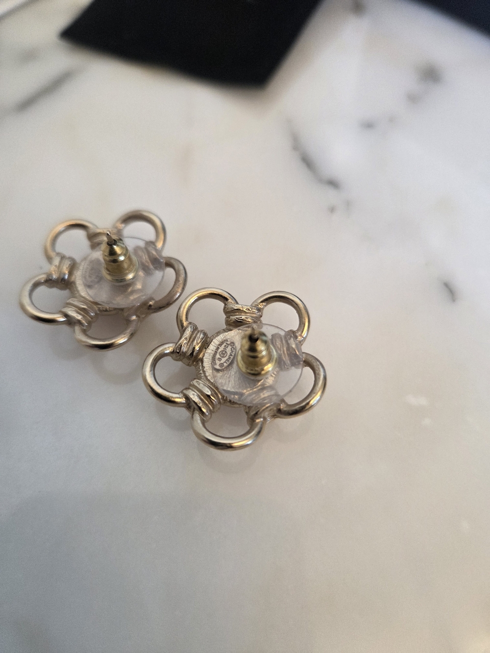 CHANEL Pink Camellia Logo Gold-Tone Stud Earrings Opalesque Swirl Statement Stud - Picture 9 of 15